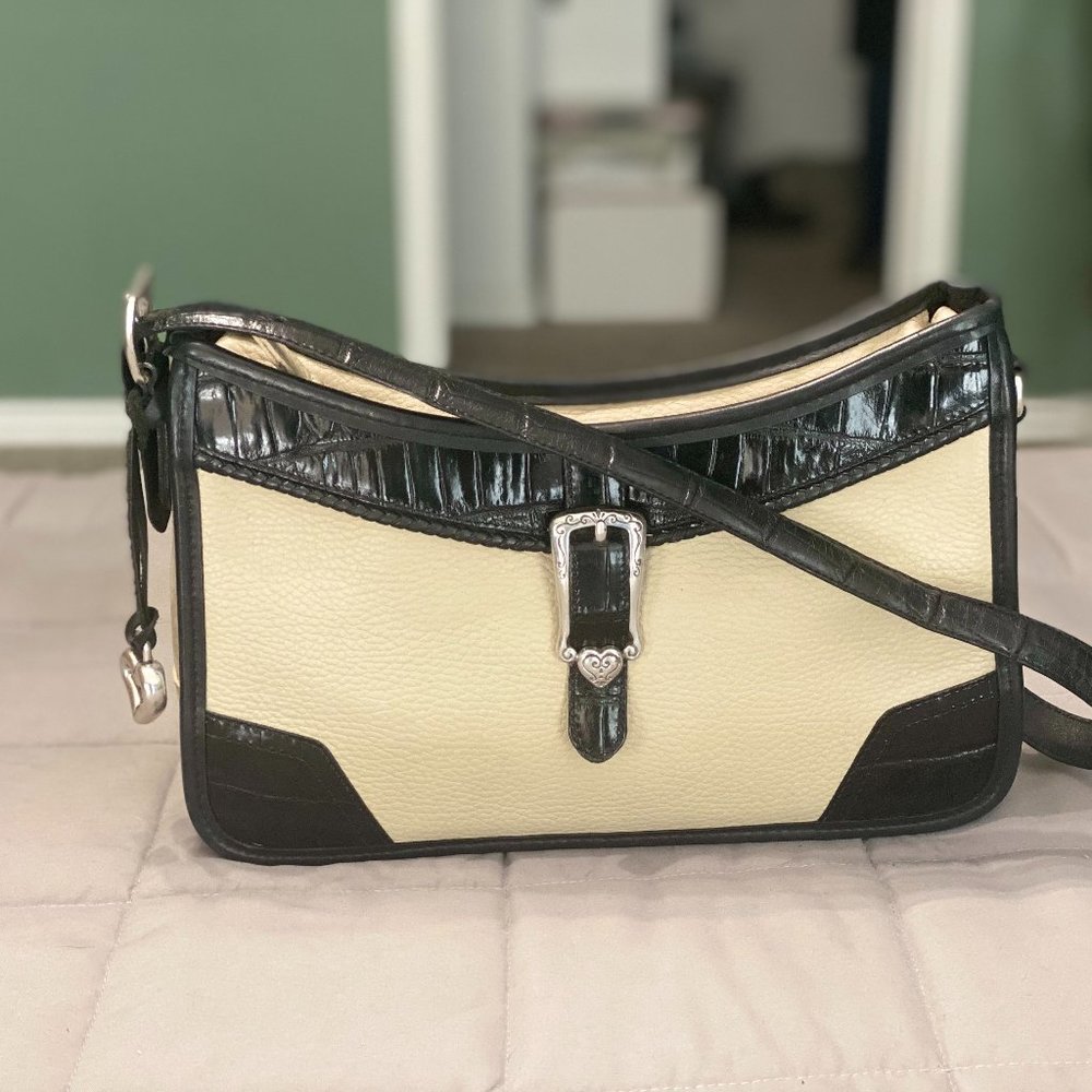 SMALL CREAM & BLACK BRIGHTON PURSE WITH SHOULDER STRAP - EXCELLENT CONDITION